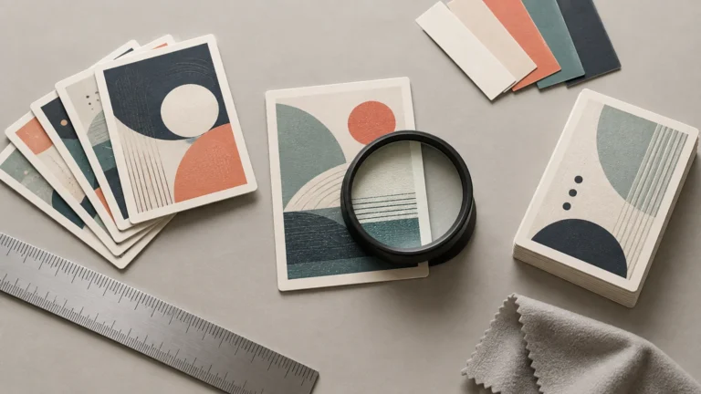 Overhead editorial view of abstract geometric card-sized print samples, a magnifying glass, stacked swatches, a metal ruler, and a soft cloth on a neutral tabletop.