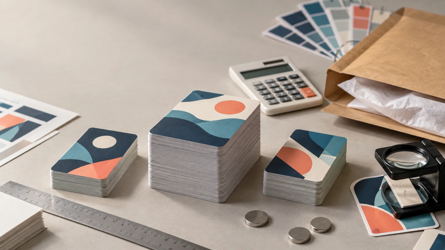 Stacks of abstract, card-sized print samples on a worktable with a calculator, color swatches, ruler, magnifying loupe, metal weights, and a padded mailing envelope.