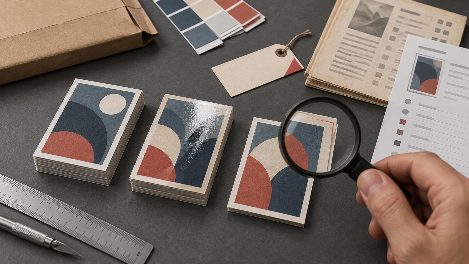 Overhead view of abstract card-sized print samples, a magnifying glass, ruler, craft knife, color swatches, cardboard mailer, and generic printed sheets on a dark work surface.