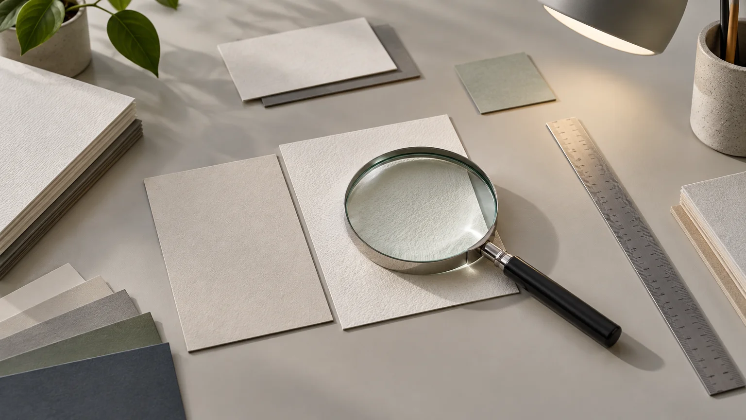 Neutral desk with blank paper samples, color swatches, a magnifying glass, and a metal ruler under soft lamp lighting.
