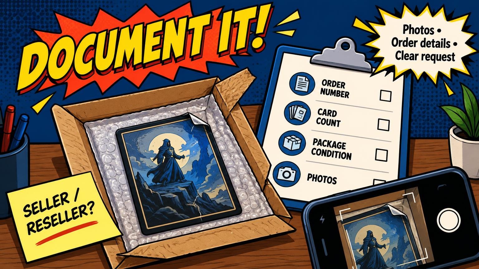 Comic-book-style illustration of an open bubble-wrapped box holding a dark fantasy-style card, beside a clipboard checklist and a phone photographing the package. Large text reads “DOCUMENT IT!” with notes about photos, order details, package condition, and contacting a seller or reseller.