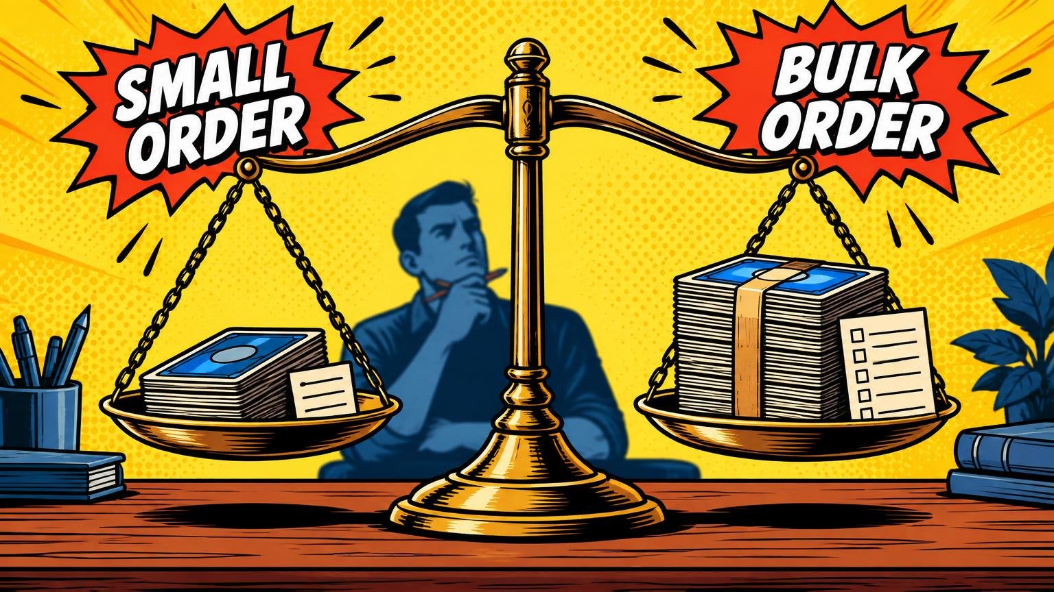 Comic-book illustration of a gold balance scale comparing a small stack of blue cards labeled “SMALL ORDER” with a larger bundled stack labeled “BULK ORDER,” while a thoughtful person sits in the background.