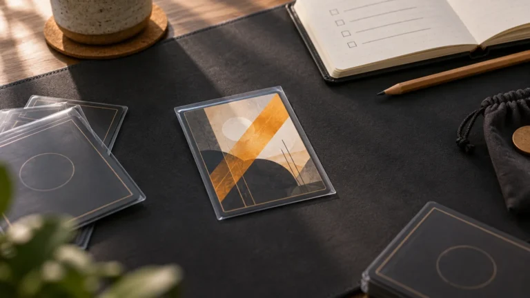 Overhead view of a dark tabletop with sleeved abstract card-sized prints, a stack of matching cards, a notebook, pencil, and small drawstring pouch in warm light.