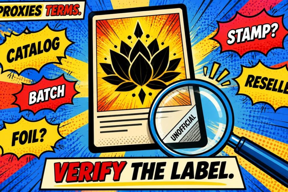 Comic-book-style illustration of a generic card under a magnifying glass, surrounded by bursts labeled “CATALOG,” “BATCH,” “FOIL?,” “STAMP?,” and “RESELLER.” The card shows a black lotus-like emblem and an “UNOFFICIAL” label, with a banner reading “VERIFY THE LABEL.”