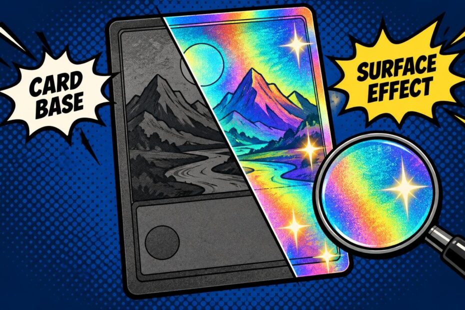 Comic-book illustration of a tilted trading-card-shaped object split diagonally: the left side is gray and textured with a mountain scene, while the right side has a rainbow holographic mountain scene with sparkles. A magnifying glass enlarges the holo texture. Speech bursts read “CARD BASE” and “SURFACE EFFECT.”