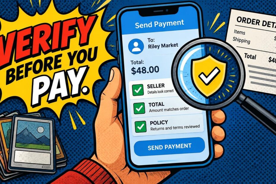 Comic-style illustration of a hand holding a phone payment screen beside a magnifying glass over a shield checkmark, with an order receipt, a bold “VERIFY BEFORE YOU PAY” burst, and several trading-card-like cards.