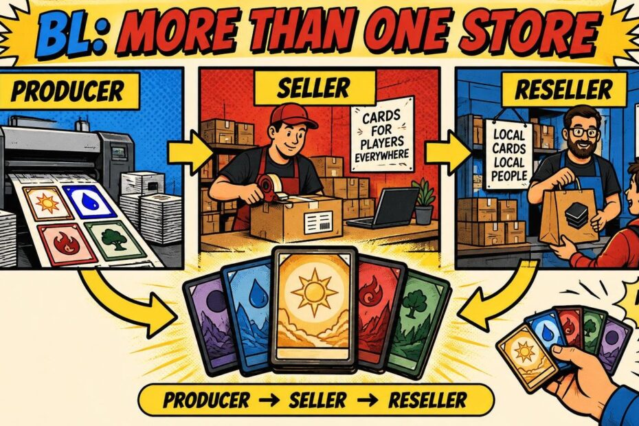 Comic-style infographic titled “BL: More Than One Store,” showing a card-printing producer, a seller packing boxes, and a reseller handing cards to a customer, connected by arrows and illustrated elemental cards.